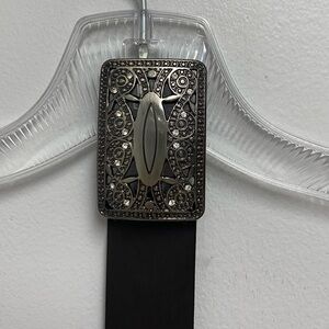 New York & Company Black leather Belt with Silver Ornate Buckle size small